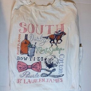 Lauren James White Tee with Pink, Green & Blue Graphic